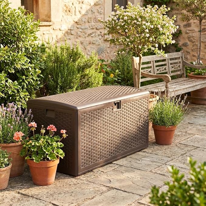 73 Gallon Waterproof Large Resin Deck Box Indoor Outdoor, Lockable Storage Container for Patio Furniture Cushions, Throw Pillows, Garden Tools, and Pool Floats, Brown