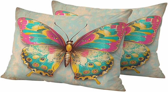 Watercolor Butterfly Outdoor Waterproof Throw Pillow Covers Set of 2, 20"x12", Corlorful Vintage Texture Decorative Pillow Covers Outside Cushion Case for Patio Porch Garden