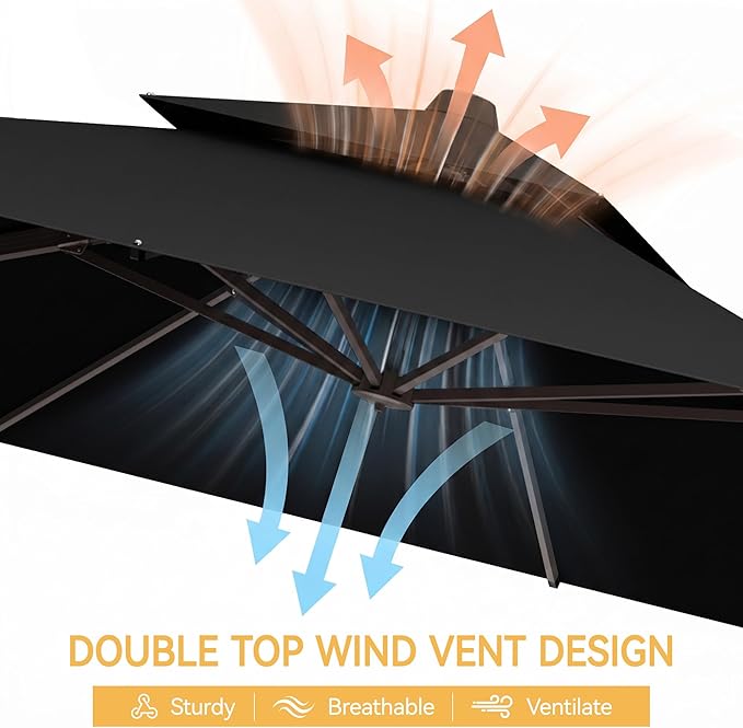 VEGOND 10x13 FT Patio Cantilever Umbrella with Base, Rectangular Heavy Duty Offset Umbrella for 8-10 People, 360°Rotation & Mult Tilt, Double Top Design, for Pool Garden Deck (Black)