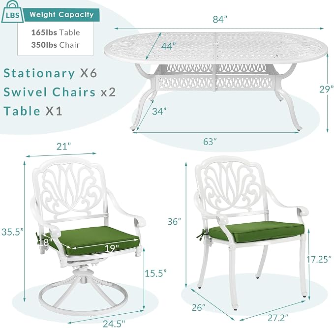 MEETWARM 9-Piece Outdoor Patio Dining Set, All-Weather Cast Aluminum Patio Conversation Set with 2 Swivel Rocker Chairs, 6 Stationary, 1 Oval Table, 8 Cushions, 2" Umbrella Hole, White