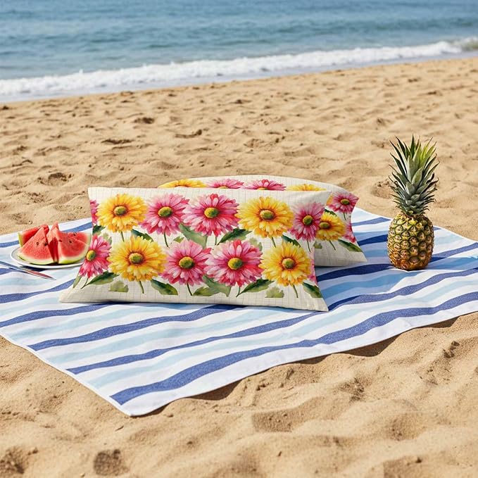 Yellow Pink Daisy Outdoor Pillow Covers 20"x12" Set of 2, Rustic Farmhouse Boho Yellow Plaid Waterproof Throw Pillow Covers for Patio Furniture, Decorative Cushion Covers for Porch
