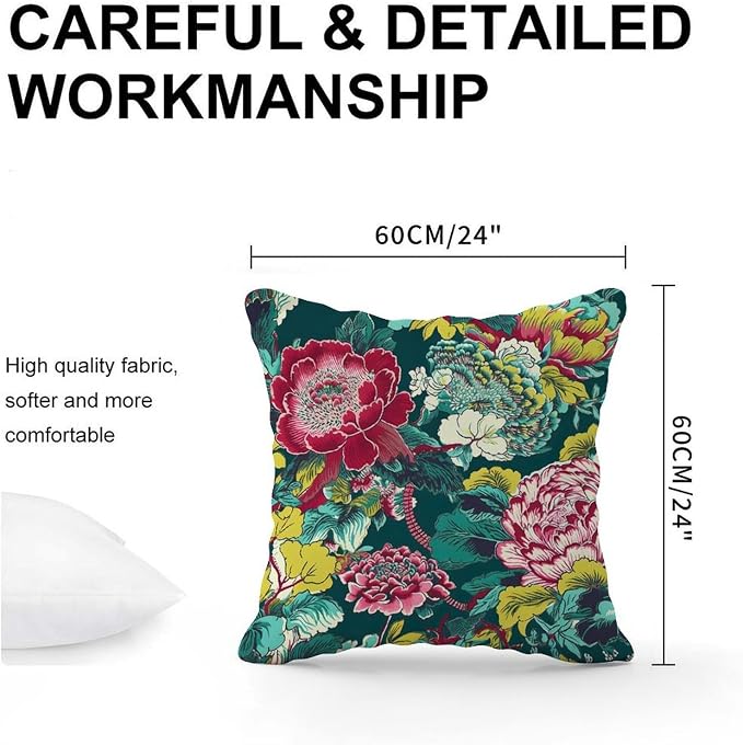 Chinoiserie Red Peony Floral Pillowcase Green and Pink Throw Pillow Cover Rustic Throw Pillow Covers Farmhouse Decorative for Couch Sofa Patio 24x24 in