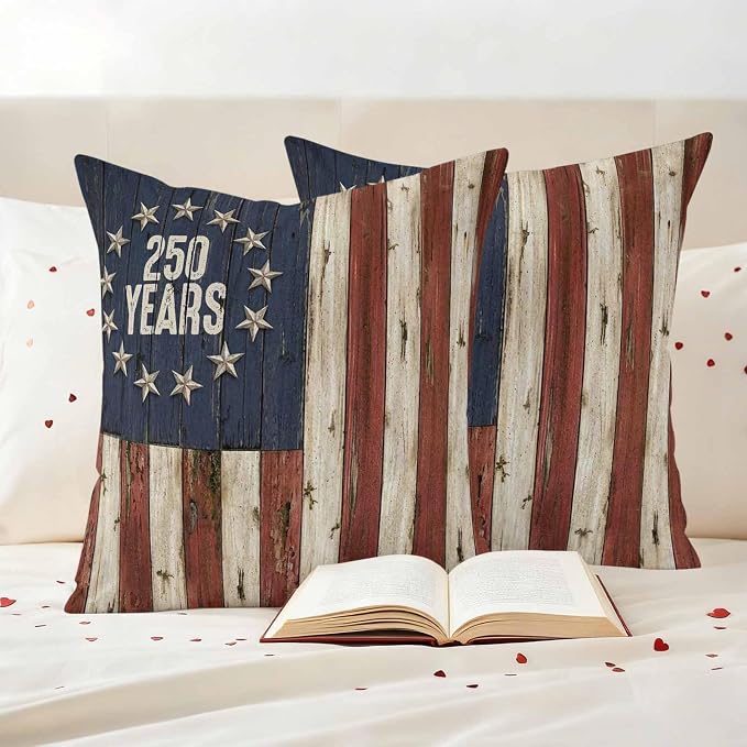 250 Year Anniversary USA Outdoor Waterproof Throw Pillow Covers 16"x16" Set of 2, 4th of July Vintage Wood Decorative Garden Pillowcase with Zipper Cushion Case for Patio Couch Tent