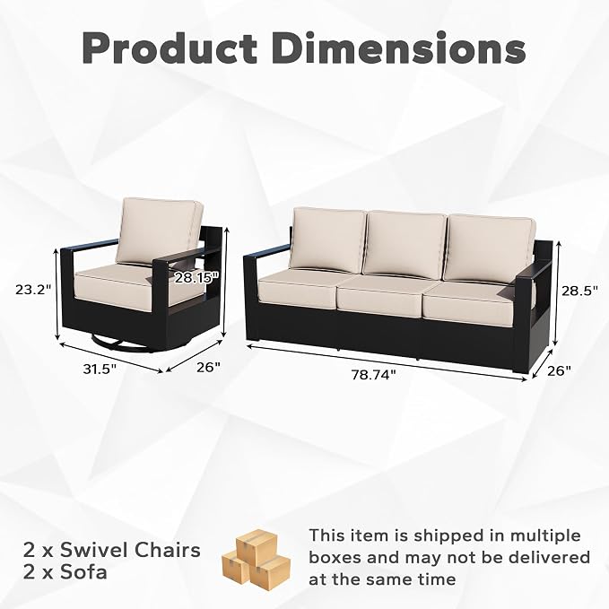 Outdoor Aluminum Furniture Set, 4-Piece Patio Conversation Set, 2 Swivel Chairs and 2 Sofa, All-Weather Metal Frame, 6" Thick Removable Cushions, Deep Setting for Garden, Poolside and Porch