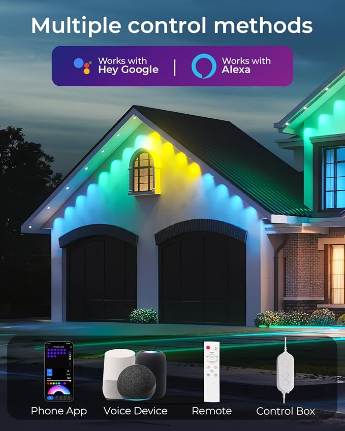 CINOTON Permanent Outdoor Lights 150ft, Smart RGBW+IC Eaves Lights with 90LEDs, IP67 Waterproof, 111 Scene Modes for Daily and Festival, Halloween Christmas Holiday Decor, APP/Voice/Remote Control