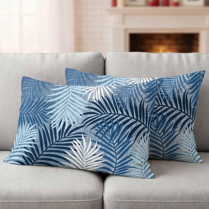 Blue Palm Leaves Waterproof Outdoor Pillow Covers Set of 2 Home Decor, Summer Tropical Leaf Plant Lumbar Pillowcase Patio Pillow Covers for Couch Bench Patio Furniture Garden 20x12in