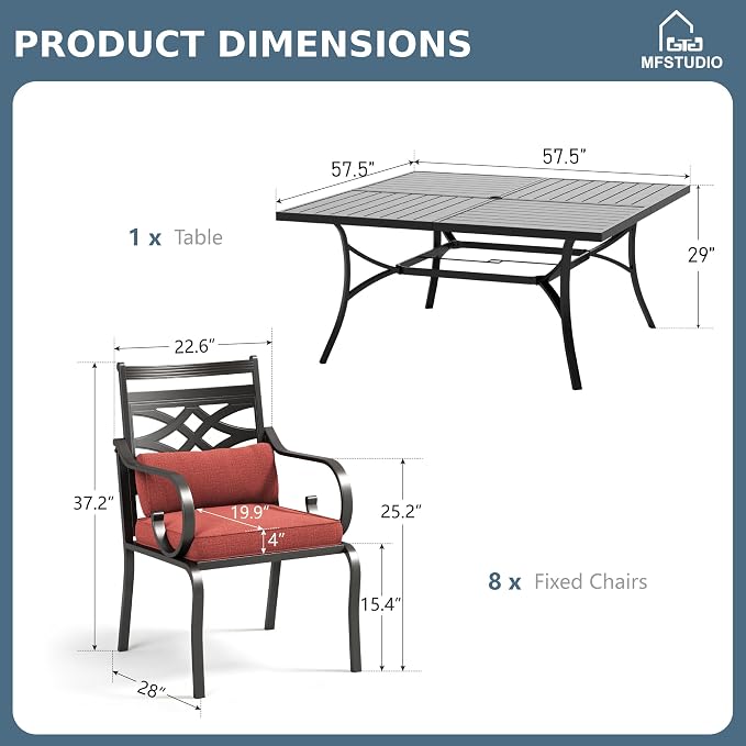 MFSTUDIO 9-Piece Patio Dining Set, 57.5" Square Metal Table, Fixed Chairs | Umbrella Hole, Red