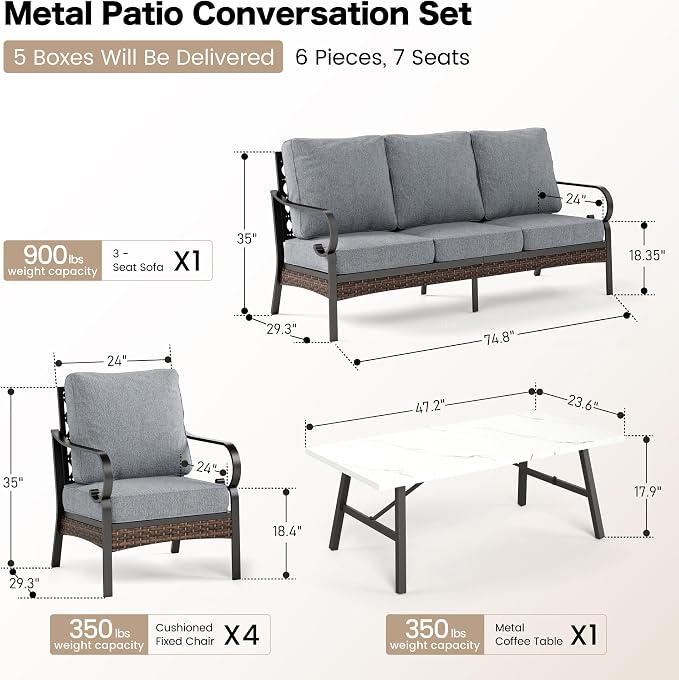 SUNSHINE VALLEY 6 Piece Metal Outdoor Patio Furniture Sets, Patio Conversation Sets 1 3-Seater Sofa, 4 Single Sofa with 5.75" Extra Thick Cushion & Coffee Table, Black Frame Backyard Furniture, Gray