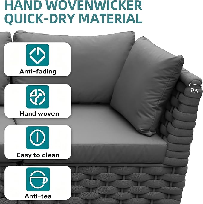 2-Seater Aluminum Outdoor Sectional Sofa Set with Coffee Table, Rust-Free Patio Loveseat with 3.9" Thick Cushions for Backyard, Balcony, Garden，Dark Gray