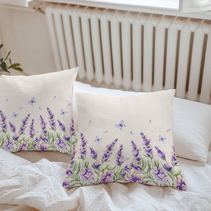 Vandarllin Outdoor Throw Pillows Covers 20x20 inch Set of 2 Waterproof Purple Lavender Flower Decorative Zippered Cushion Covers for Patio Furniture, Butterfly Floral Linen Lumbar Pillowcases