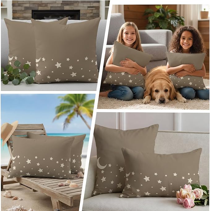 Stars Moon Waterproof Outdoor Pillow Covers Set of 2 Home Decor, Starry Night Khaki Lumbar Pillowcase Patio Pillow Covers for Couch Bench Patio Furniture Garden 20x12in