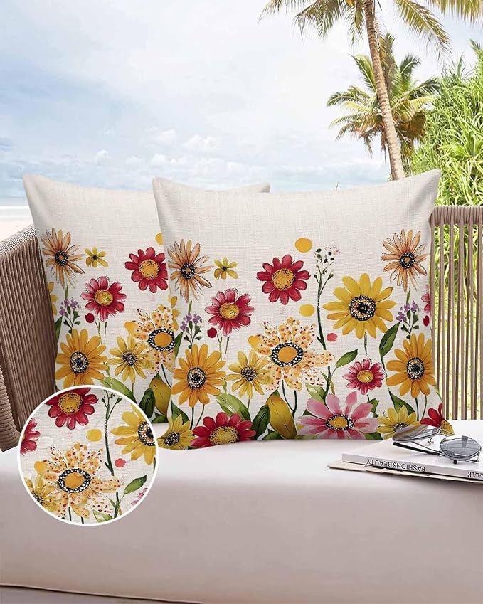 Outdoor Waterproof Pillow Covers for Patio Furniture Pink Purple Floral Decorative Throw Pillow Cover Red Yellow Flowers Pillowcases Set of 2 Cushion Case for Sofa Couch Chair Home Decor 18"x18"