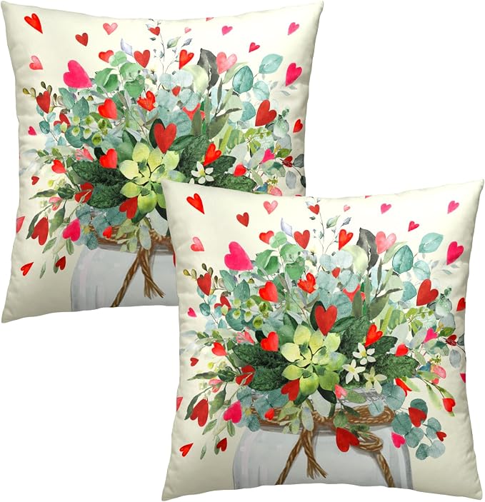 Valentine's Day Throw Pillow Covers 22x22 Inch Set of 2, Red Love Hearts Eucalyptus Leaves Jar Decorative Pillowcases Square Couch Cushion Cover for Wedding Anniversary Decor