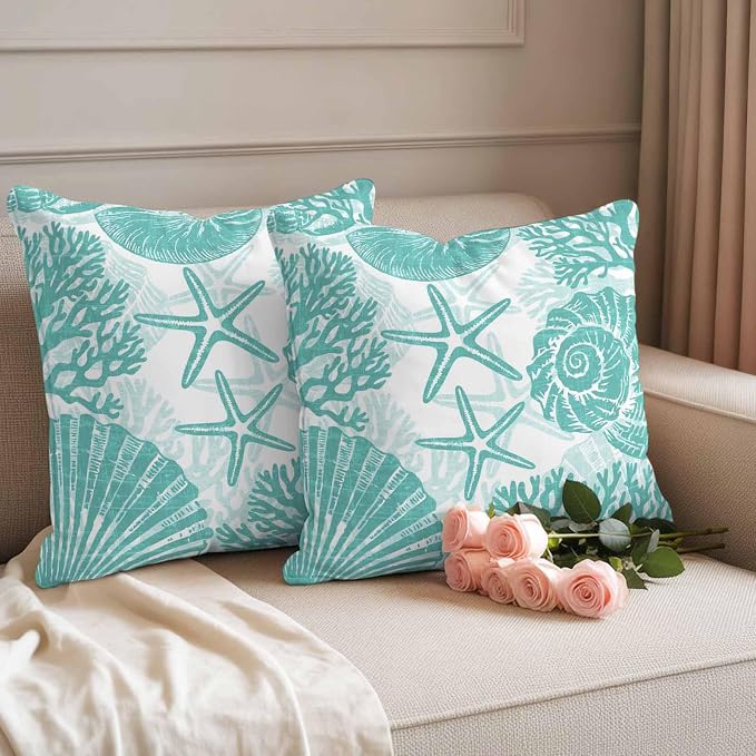 Outdoor Pillow Covers 16x16 Inch Set of 2, Teal Coastal Waterproof Throw Pillow Covers, Beach Starfish Nautical Coral Shell Summer Decorative Cushion Pillowcases for Couch, Sofa, Bed, Garden, Patio