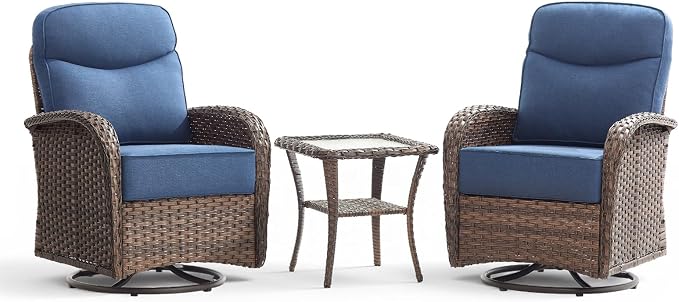 Luxury Wicker Patio Furniture Set with 6-Inch Thick Cushions, 3 Pieces Outdoor Swivel Rocker Patio Chairs Set of 2 with Rattan Side Table, Outdoor Patio Conversation Sets for Garden Deck, Blue