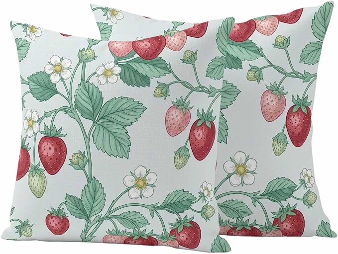 Strawberry Leaves Outdoor Pillow Covers 24"x24" Set of 2, Watercolor Red Pink Fruit Floral Mint Green Waterproof Throw Pillow Covers for Patio Furniture, Decorative Cushion Covers for Porch