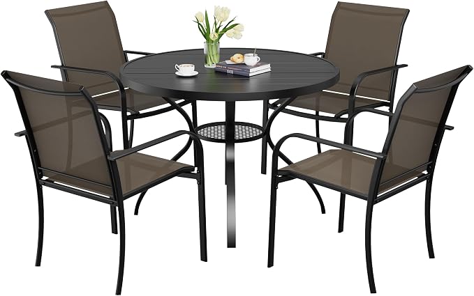 Incbruce 5 PCS Patio Dining Set, Outdoor Dining Set of 4 Textilene Chairs and 41" Round Table with Umbrella Hole for Backyard, Garden, and Poolside (Brown)
