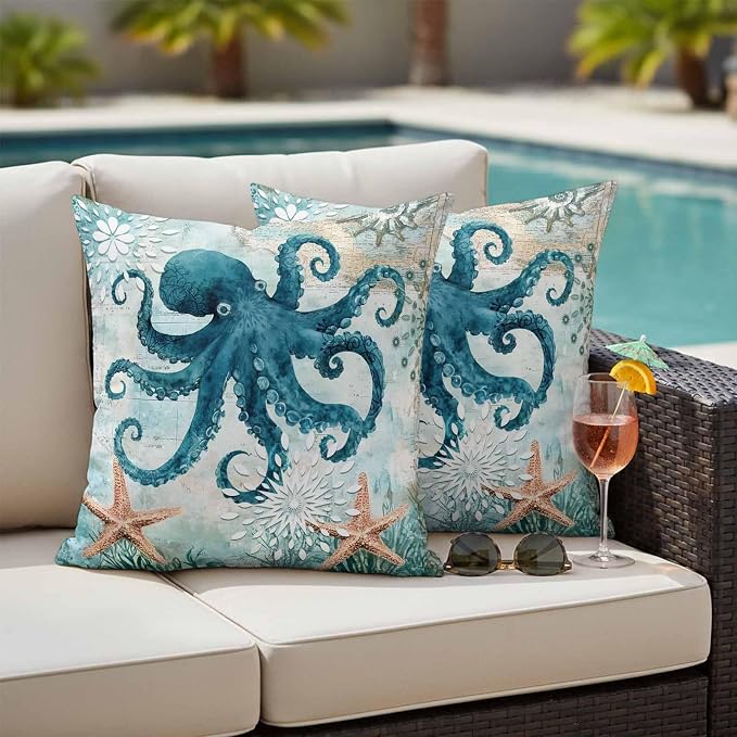 Ocean Creature Outdoor Waterproof Throw Pillow Covers Set of 2, 26"x26", Eight Pawfish Corals Sea Stars Decorative Pillow Covers Outside Cushion Case for Patio Porch Garden