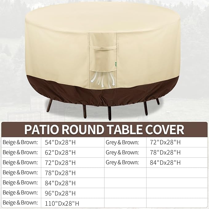 Round Patio Furniture Covers, 110" DIA x 28 H Waterproof Outdoor Furniture Cover for Patio Table & Chair Sets, 600D Heavy-duty UV-Resistant Fade-Proof Protection, Beige & Brown