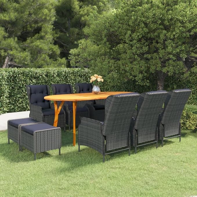 9pc Dark Gray Acacia 71 Patio Dining Set, Curved-Leg Table, PE Rattan Chairs with Cushions, Outdoor Furniture