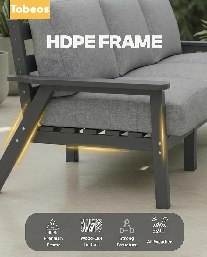 HDPE Patio Furniture Set 5 Seats with Cantilever Umbrella, Outdoor Couch with Washable Thick Gray Cushions & Tables, Outdoor Sectional Furniture for Deck, Lawn, Porch (Gray Frame)