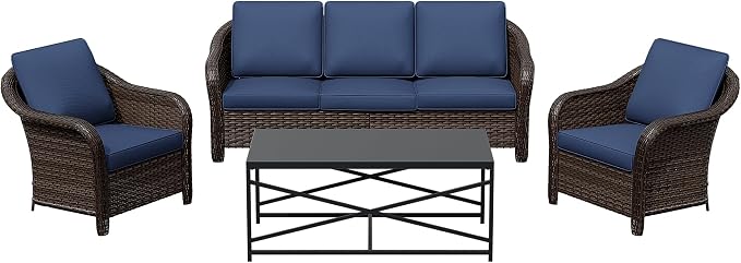 4 Pieces Patio Outdoor Conversation Furniture Set, 78" 3-Seat Couch, 2 Chairs, 47" Metal Coffee Table, Rattan Wicker Sofa with Washable Cushions for Garden, Deck (Navy Blue)