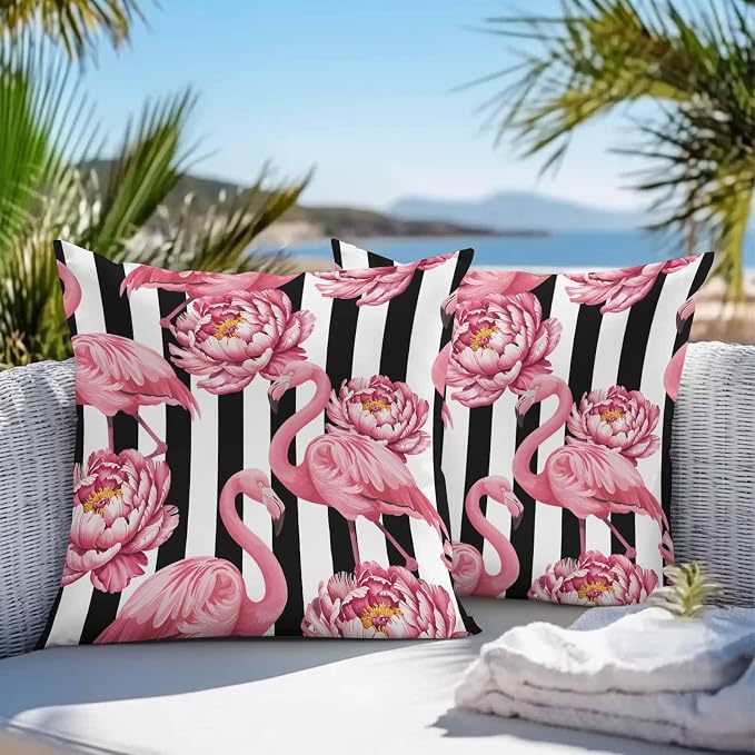 Pink Flamingos and Flowers with Black and White Stripe Outdoor Pillow Cover 26x26 Inch Cushion Sham Case, Waterproof Decorative Square Throw Pillowcase for Outside Garden Patio Porch Couch Chair Tent