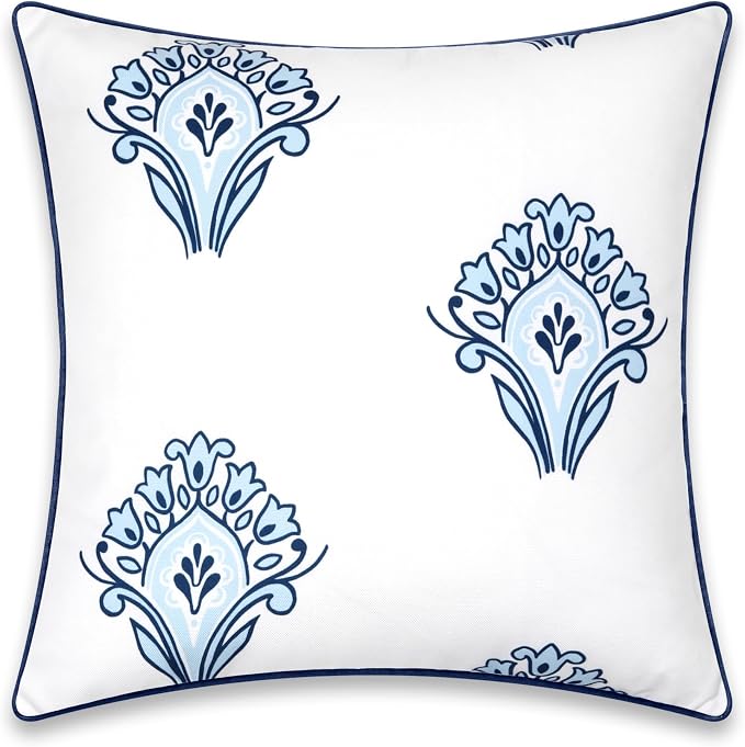 Hofdeco Premium Coastal Patio Indoor Outdoor Throw Pillow Cover Only, 20"x20" Water Repellent for Backyard, Couch, Navy Blue Floral with Piping