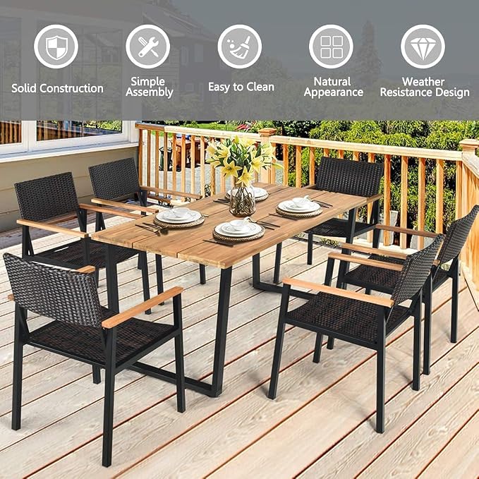 HAPPYGRILL 7 Pieces Wood Rattan Patio Dining Set, Outdoor Dining Furniture Set with Rectangle Table Wicker Chairs, Acacia Wood Tabletop with Umbrella Hole, Dining Set for Garden Backyard