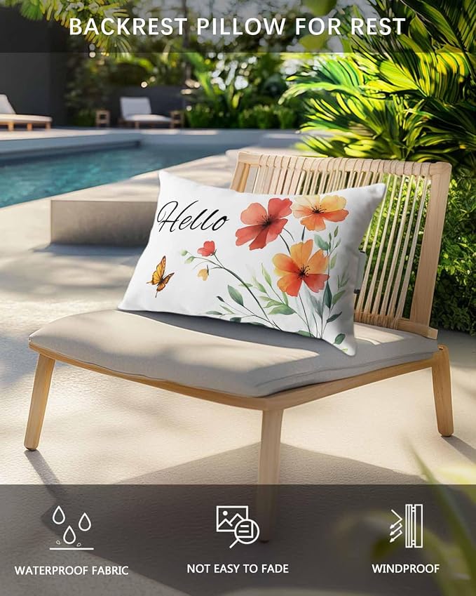 Pack of 2 Outdoor Lumbar Cushions with Inserts, Hello Elegant Butterfly Flowers Plants Waterproof Fluffy Fade Body Pillows, Patio Furniture Pillow for Home Balcony Garden Decor 12x20IN