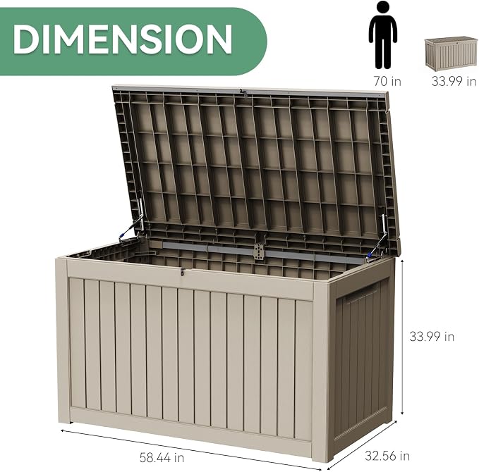 Vixzen 280 Gallon Outdoor Storage Box Waterproof, Large Lockable Resin Deck Box with lid for Patio Furniture Cushions, Weatherproof Storage Boxes for Garden Tools & Pool Accessories(Grey, 280 Gallon)