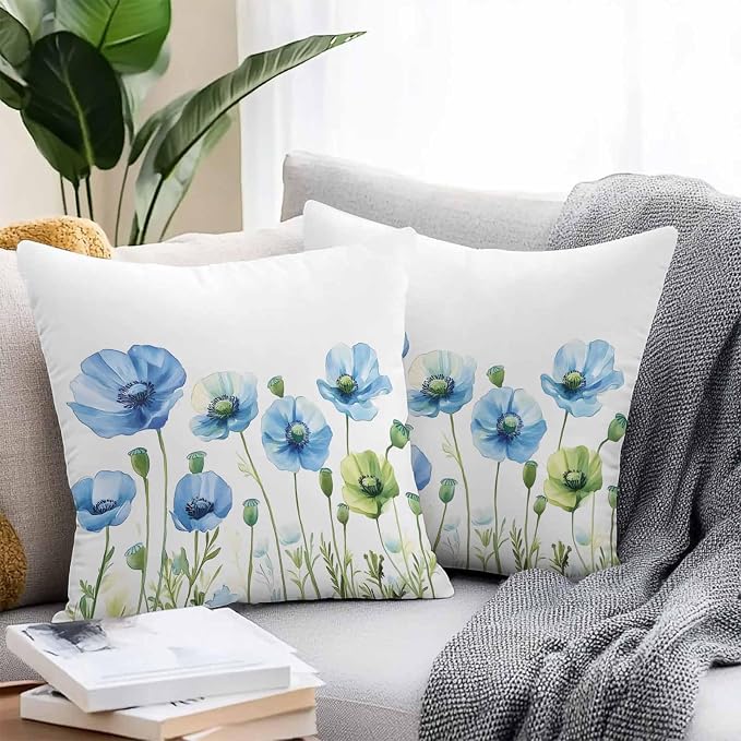 Flower Outdoor Throw Pillow Cover Watercolor Poppy Floral Waterproof Cushion Covers 2 Pack Pillow Cases Home Decoration for Patio Garden Couch Sofa,Garden Botanical Art