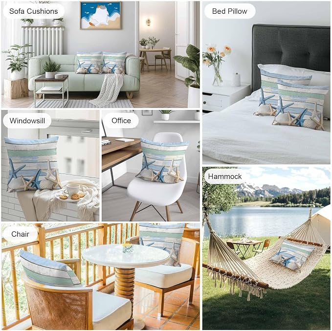 Outdoor Waterproof Pillow Covers Coastal Blue White Starfish Shell Pack of 2 Lumbar Pillow Cover Wood Grain Decorative Cushion Pillowcases for Patio Couch Bench Garden 16 x 16 Inches