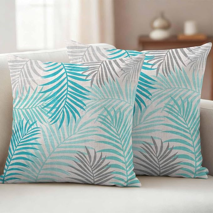 Outdoor Waterproof Throw Pillow Covers, Teal Grey Palm Leaves Decorative Pillow Cases, Summer Botanical Tropical Leaf Couch Pillow Protector Patio Sofa Cushion Covers Replacement 18"x18" 2 Pack