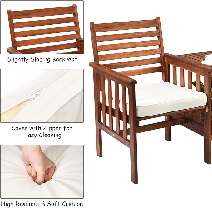 Tangkula Acacia Wood Loveseat, 3pcs Outdoor Table Chairs Set, Patio Conversation Set w/Coffee Table and Soft Cushions, 2.1-inch Umbrella Hole, 2-Seater Furniture Set (White)