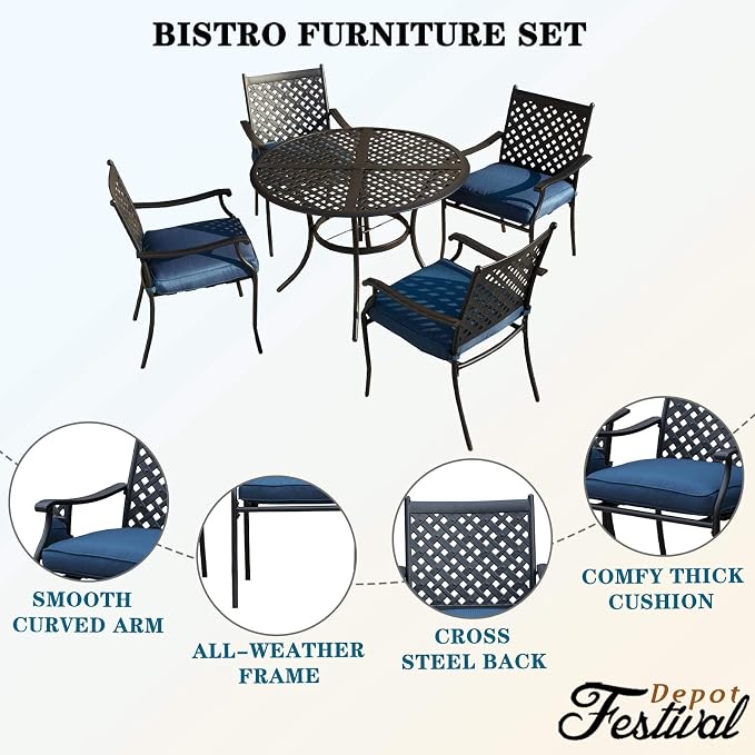 Festival Depot 5 Piece Patio Dining Set Metal Chairs with Seat Cushions and Round Iron Table with Umbrella Hole All Weather Outdoor Furniture for Bistro Deck Garden (Blue)