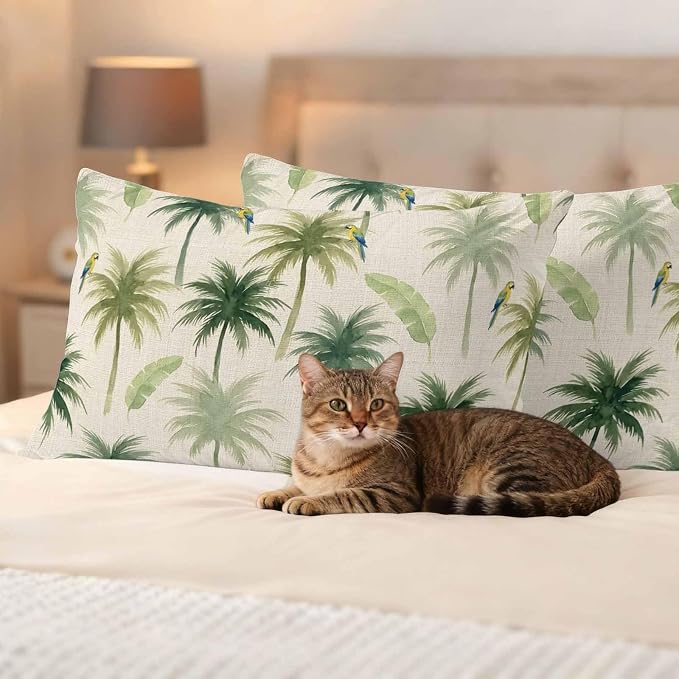 Yukro Summer Palm Tree Parrot Outdoor Waterproof Pillow Covers Pack of 2, Tropical Green Leaf Bird Retro Throw Pillowcases Decorative Cushion Covers for Garden Patio Tent Sofa Couch, 20x12 inch