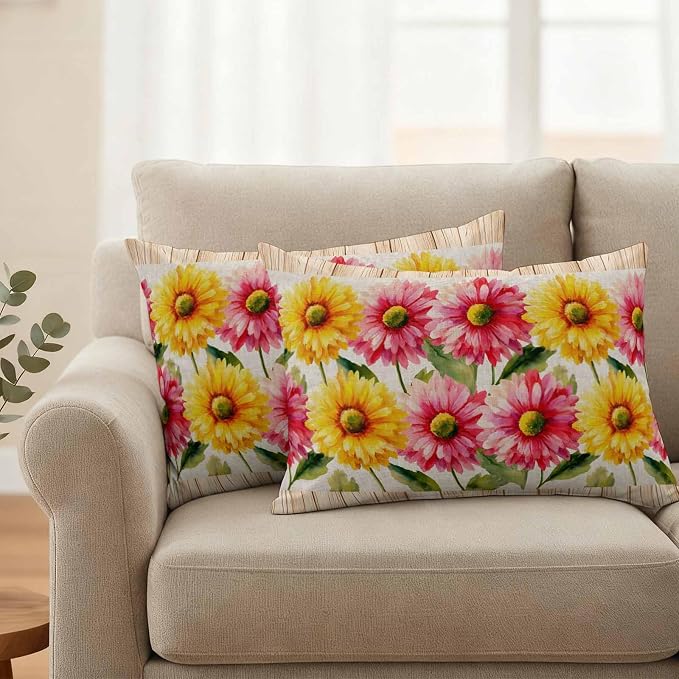 Yellow Pink Daisy Outdoor Pillow Covers 20"x12" Set of 2, Rustic Farmhouse Boho Brown Wood Grain Waterproof Throw Pillow Covers for Patio Furniture, Decorative Cushion Covers for Porch