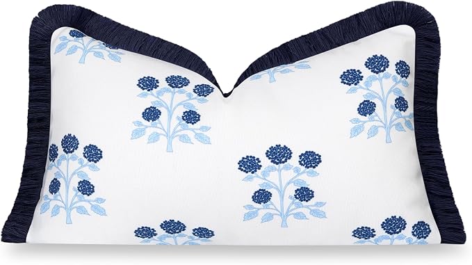 Hofdeco Premium Coastal Hampton Patio Indoor Outdoor Lumbar Pillow Cover Only, 12"x20" Water Repellent for Backyard, Couch, Poolside, Navy Blue Print Hydrangea Flowers