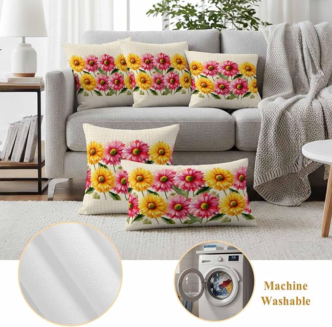Yellow Pink Daisy Outdoor Pillow Covers 16"x16" Set of 2, Rustic Farmhouse Boho Yellow Plaid Waterproof Throw Pillow Covers for Patio Furniture, Decorative Cushion Covers for Porch