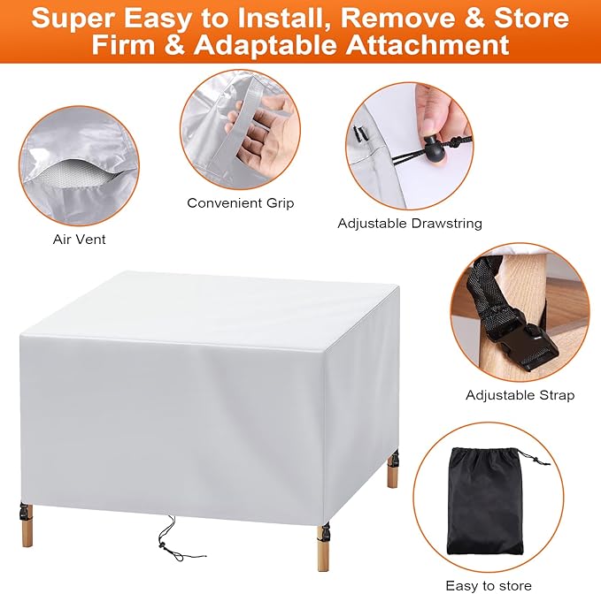 Patio Furniture Cover Rectangle 60"(L) x 36"(W) x 30"(H), Custom Heavy Duty 420D Waterproof Outdoor Cover with Drawstring & Buckles for Table Chair Garden, Silver