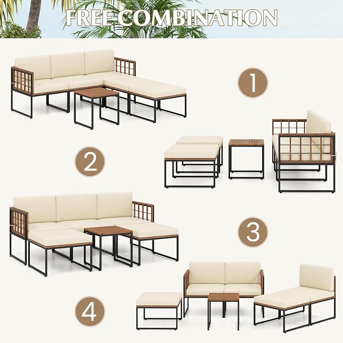 Tangkula 6 Pieces Acacia Wood Patio Furniture Set, Outdoor Sectional Conversation Sofa Set with Cushions, Coffee Table and Ottomans, Metal Frame Patio Sofas for Garden, Poolside, Backyard, Beige