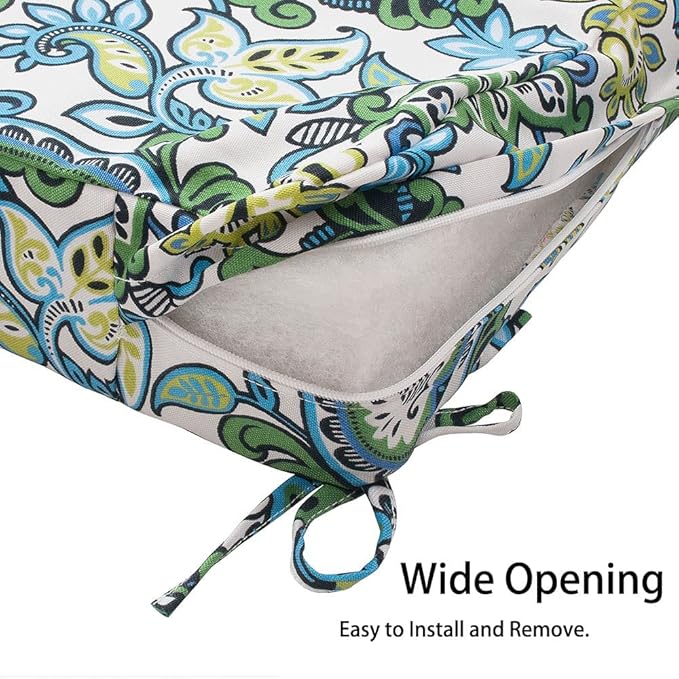 Magpie Fabrics Indoor Outdoor Cushion Cover Replacement 2 Pack, NO Insert! Water Repellent Slipcover with Ties Decor for Patio Garden Chair Seat Sofa Bench Wicker(Botanical Blue Green, 24x24x4 Inch)