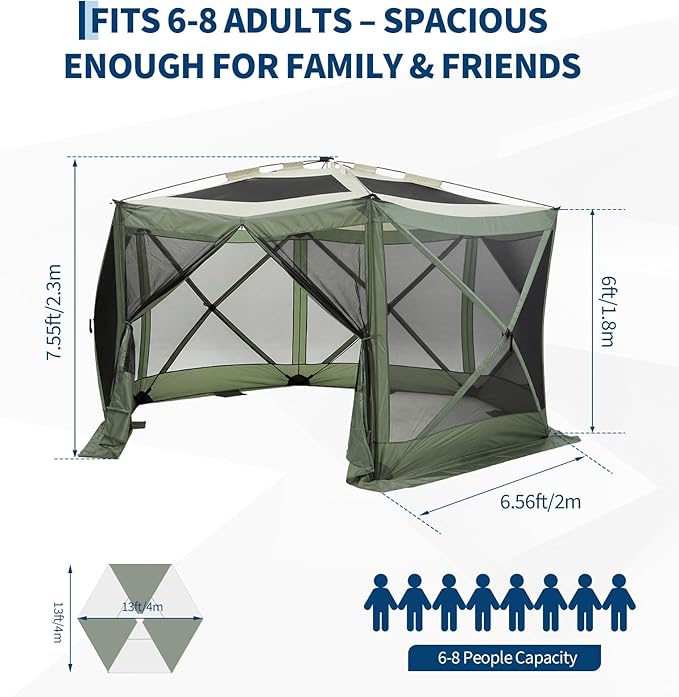 GarveeHome 13x13FT Pop Up Gazebo Screen Tent, 6-Sided Canopy with Starry Sky Top, 210D Oxford Water-Proof Instant Shelter with Mosquito Netting for Backyard Camping, Green & Gray