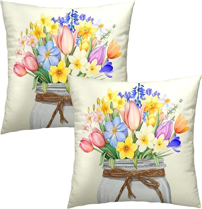 Spring Floral Pillow Covers 16x16, 2Pcs Set Easter Colorful Wildflowers Leaves Mason Jar Nature Seasonal Pillow Cases Soft Cotton Square Cushion Cover for Couch Bed Sofa Home Decor