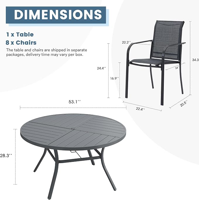 DIFY 9 Pieces Outdoor Patio Dining Set for 8, 53.1" Round Metal Dining Table and 8 Stackable Textilene Patio Chairs, Outdoor Table and Chairs for Backyard Garden Poolside, Grey