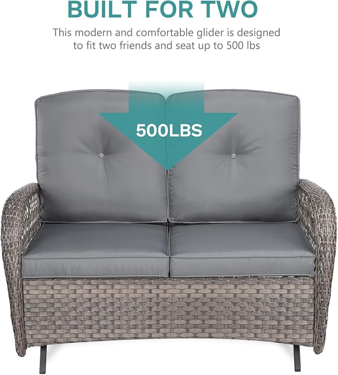 MEETWARM 7-Piece Outdoor Patio Conversation Set with Glider Loveseat, 4 Chairs, 2 Glass-Top Coffee Tables and Wicker Rocking Glider - Thickened Cushions, Gray