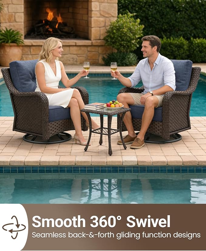 7 Pieces Outdoor Furniture Set with 6-inch Cushions, High Back Wicker Swivel Rocker Chairs with Fire Pit Table, Luxury Conversation Set for Deck Patio and Poolside