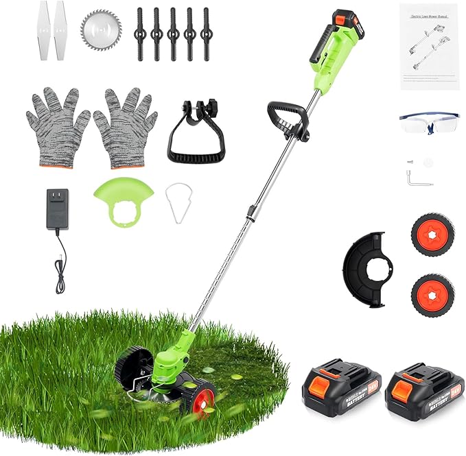 Cordless Grass Trimmer Electric Weed Wacker Cordless with U-Shaped Handle and Auxiliary Wheels (2 x 24V 1.3Ah Batteries & Charger) Adjustable Telescopic Rod for Garden Maintenance