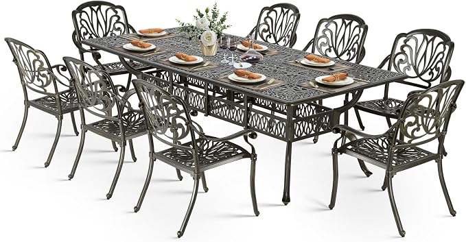 VIVIJASON 9-Piece Outdoor Dining Set, All Weather Cast Aluminum Retro Patio Furniture Table and Chairs Set for 8, Include 94.5" Rectangular Table and 8 Chairs with Umbrella Hole for Balcony Garden